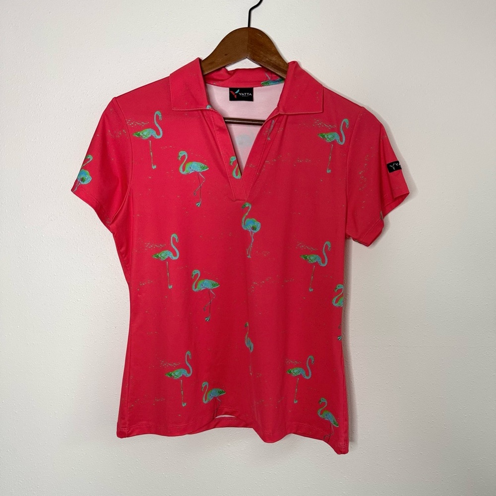 Yatta Golf Flamingo Print Performance Polo Coral Pink Golf Shirt Medium